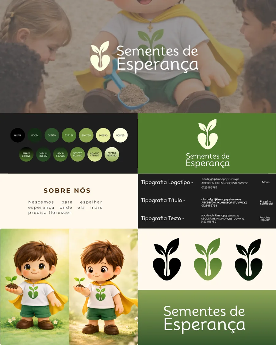 Identidade visual Sementes de Esperança criada pela Uplify, com paleta, logotipo e mascote Brotinho